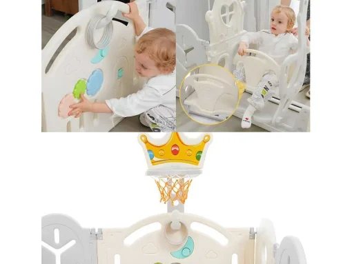 Afneembare En Opvouwbare Babybox 12+2 Met Speelbord, Basketbalring En Schommel Lichtgrijs