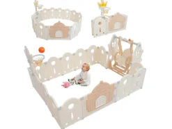 Afneembare En Opvouwbare Babybox 12+2 Met Speelbord, Basketbalring En Schommel Poederroze