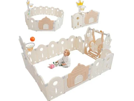 Afneembare En Opvouwbare Babybox 12+2 Met Speelbord, Basketbalring En Schommel Poederroze