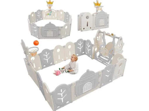 Afneembare En Opvouwbare Babybox 12+2 Met Speelbord, Basketbalring En Schommel Lichtgrijs
