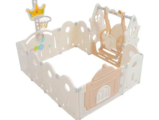 Afneembare En Opvouwbare Babybox 12+2 Met Speelbord, Basketbalring En Schommel Poederroze