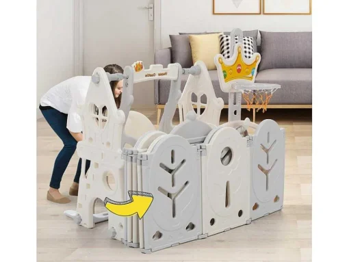 Afneembare En Opvouwbare Babybox 12+2 Met Speelbord, Basketbalring En Schommel Lichtgrijs