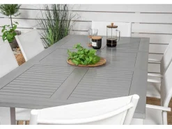 Albany Tuinmeubelset Tafel 90X152/210Cm En 6 Stoel Santorini Wit, Grijs, Cremekleur.