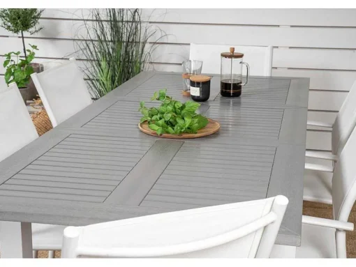 Albany Tuinmeubelset Tafel 90X152/210Cm En 6 Stoel Santorini Wit, Grijs, Cremekleur.