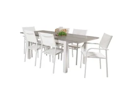 Albany Tuinmeubelset Tafel 90X152/210Cm En 6 Stoel Santorini Wit, Grijs, Cremekleur.