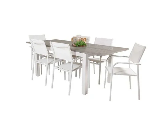 Albany Tuinmeubelset Tafel 90X152/210Cm En 6 Stoel Santorini Wit, Grijs, Cremekleur.