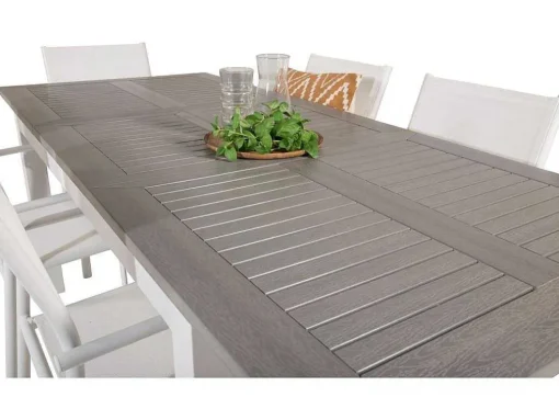 Albany Tuinmeubelset Tafel 90X152/210Cm En 6 Stoel Santorini Wit, Grijs, Cremekleur.