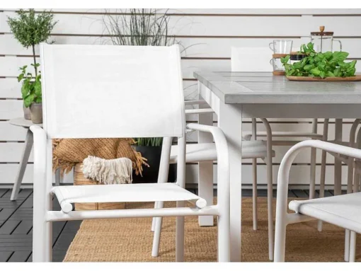 Albany Tuinmeubelset Tafel 90X152/210Cm En 6 Stoel Santorini Wit, Grijs, Cremekleur.