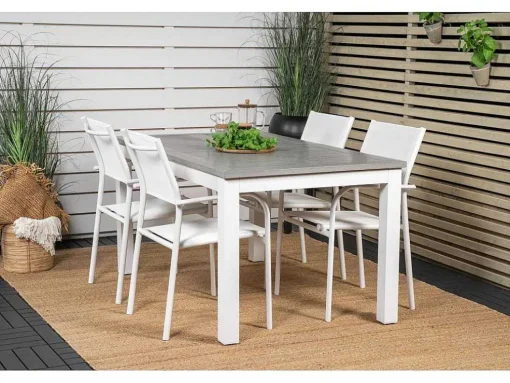 Albany Tuinmeubelset Tafel 90X152/210Cm En 4 Stoel Santorini Wit, Grijs, Cremekleur.