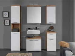 Amandamandobea Badkamerkast 1 Lade, 2 Deuren Eiken Decor, Wit Hoogglans.