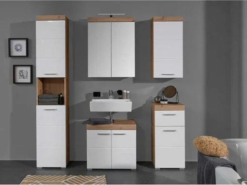 Amandamandobea Badkamerkast 1 Lade, 2 Deuren Eiken Decor, Wit Hoogglans.