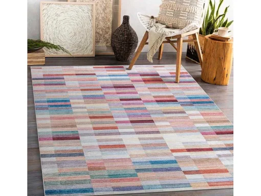 Andre 2295 Tapijt Wasbaar Klaver Strips Antislip - Roze / Blauw 120X170 Cm