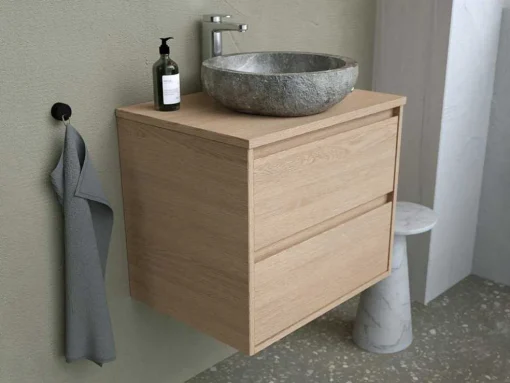 Badkamermeubel Met Opzetwastafel Van Steen - Eikenfineer - 60 Cm - Milipam