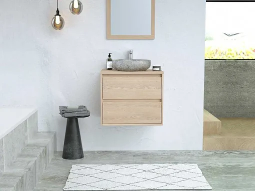 Badkamermeubel Met Opzetwastafel Van Steen Met Spiegel - Eikenfineer - 60 Cm - Milipam