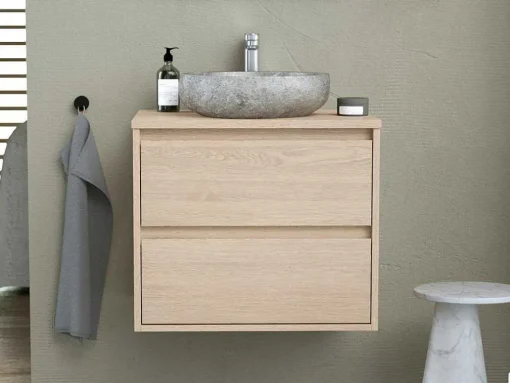 Badkamermeubel Met Opzetwastafel Van Steen - Eikenfineer - 60 Cm - Milipam
