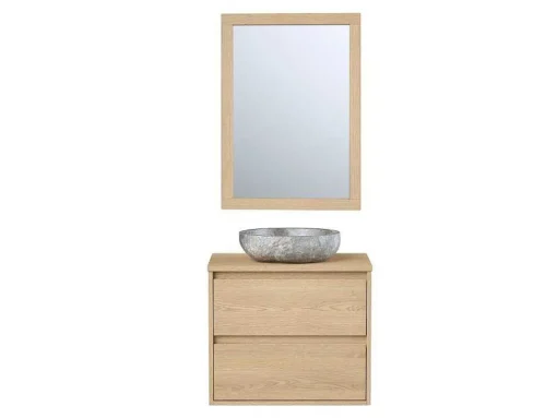 Badkamermeubel Met Opzetwastafel Van Steen Met Spiegel - Eikenfineer - 60 Cm - Milipam