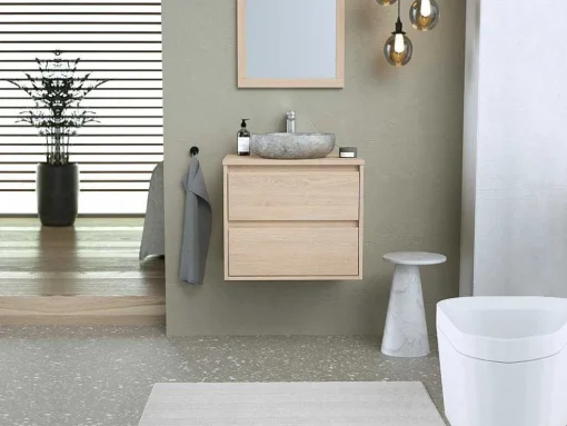 Badkamermeubel Met Opzetwastafel Van Steen Met Spiegel - Eikenfineer - 60 Cm - Milipam