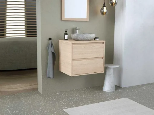 Badkamermeubel Met Opzetwastafel Van Steen Met Spiegel - Eikenfineer - 60 Cm - Milipam