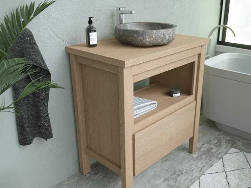 Badkamermeubel Met Wastafel Van Steen - Eiken Fineer - 80 Cm - Cosmoti