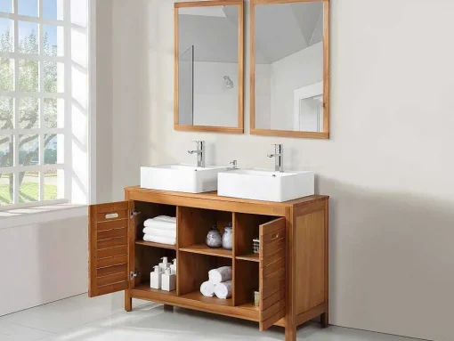 Badkamermeubel Van Acaciahout Met Dubbele Wastafel En Spiegels - 130 Cm - Pulukan