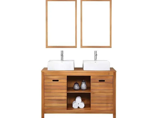 Badkamermeubel Van Acaciahout Met Dubbele Wastafel En Spiegels - 130 Cm - Pulukan