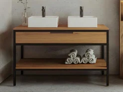 Badkamermeubel Van Licht Teakhout En Metaal Met Dubbele Wastafel - 120 Cm - Tukad