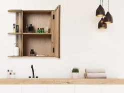 Badkamerwandkast Van Teak Met Spiegel En Nissen - Naturel - Cimahi