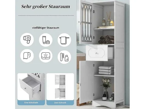 Badkamerzuil Met 2 Deuren En 1 Lade - Verstelbare Planken - Wit - 42 X 36 X 162,5 Cm