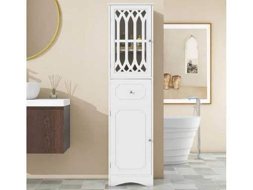 Badkamerzuil Met 2 Deuren En 1 Lade - Verstelbare Planken - Wit - 42 X 36 X 162,5 Cm