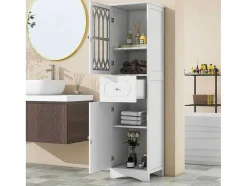 Badkamerzuil Met 2 Deuren En 1 Lade - Verstelbare Planken - Wit - 42 X 36 X 162,5 Cm