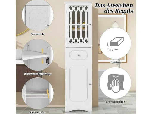 Badkamerzuil Met 2 Deuren En 1 Lade - Verstelbare Planken - Wit - 42 X 36 X 162,5 Cm