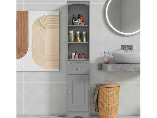 Badkamerzuil Met 1 Lade En 5 Verstelbare Planken - Grijs - 34 X 24 X 170 Cm