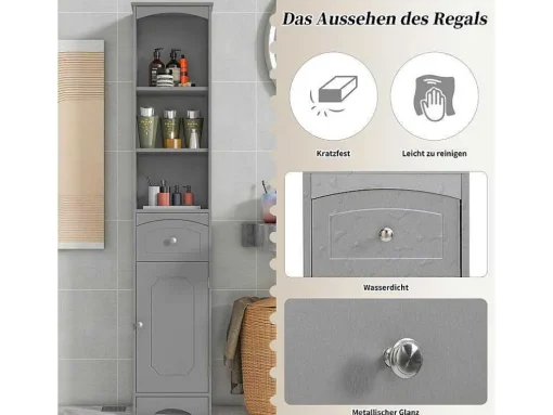 Badkamerzuil Met 1 Lade En 5 Verstelbare Planken - Grijs - 34 X 24 X 170 Cm
