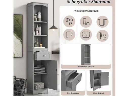 Badkamerzuil Met 1 Lade En 5 Verstelbare Planken - Grijs - 34 X 24 X 170 Cm