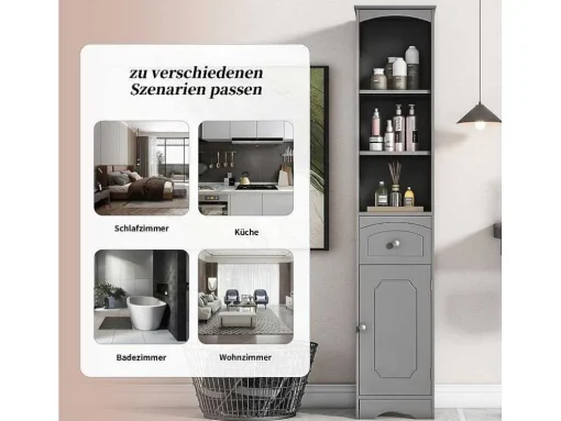 Badkamerzuil Met 1 Lade En 5 Verstelbare Planken - Grijs - 34 X 24 X 170 Cm