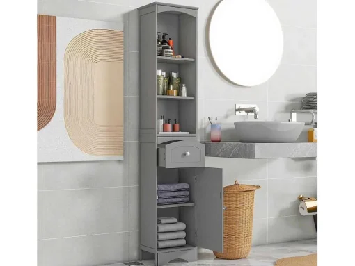 Badkamerzuil Met 1 Lade En 5 Verstelbare Planken - Grijs - 34 X 24 X 170 Cm