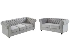 Bankstel Chesterfield - Fluweel - Lichtgrijs