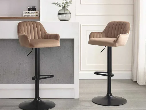 Barkruk Van Velours En Zwart Metaal - Verstelbare Hoogte - Beige - Eleana