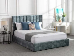 Bed 140 X 190 Cm Met Hoofdbord Met Verticale Stiksels - Velours - Groenblauw + Matras - Feroya