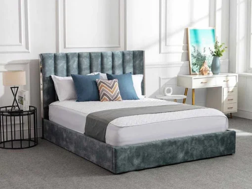Bed 140 X 190 Cm Met Hoofdbord Met Verticale Stiksels - Velours - Groenblauw + Matras - Feroya