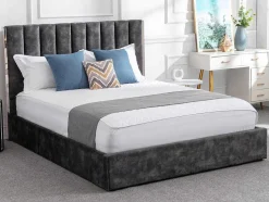 Bed 160 X 200 Cm Met Hoofdbord Met Verticale Stiksels - Velours - Antraciet - Feroya