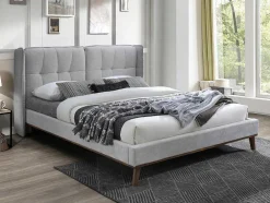 Bed 140 X 200 Cm Met Hoofdbord Met Capitons - Linnen - Lichtgrijs - Kerano