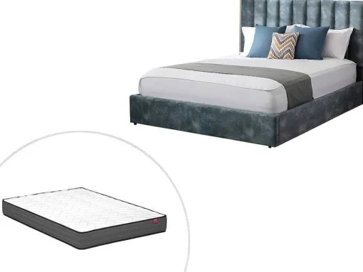 Bed 140 X 190 Cm Met Hoofdbord Met Verticale Stiksels - Velours - Groenblauw + Matras - Feroya