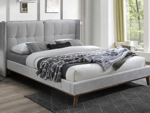 Bed 140 X 200 Cm Met Hoofdbord Met Capitons - Linnen - Lichtgrijs - Kerano