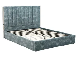 Bed 140 X 190 Cm Met Hoofdbord Met Verticale Stiksels - Velours - Groenblauw + Matras - Feroya