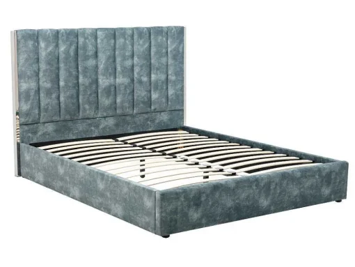 Bed 140 X 190 Cm Met Hoofdbord Met Verticale Stiksels - Velours - Groenblauw + Matras - Feroya