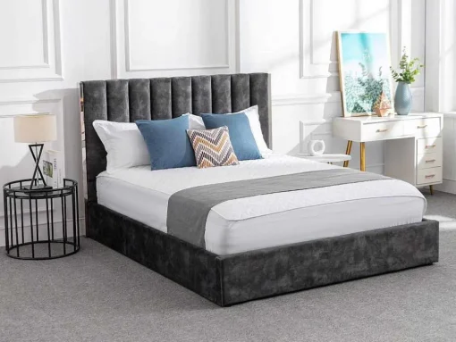 Bed 140 X 190 Cm Met Hoofdbord Met Verticale Stiksels - Velours - Antraciet - Feroya
