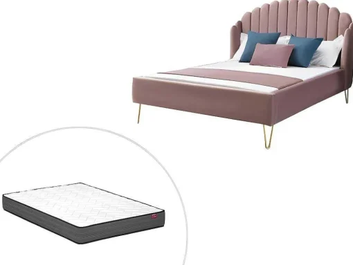 Bed 140 X 190 Cm Met Hoofdbord Met Golfpatroon - Velours - Oudroze + Matras - Sagali