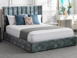 Bed 140 X 190 Cm Met Hoofdbord Met Verticale Stiksels - Velours - Groenblauw + Matras - Feroya