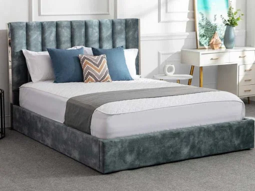Bed 140 X 190 Cm Met Hoofdbord Met Verticale Stiksels - Velours - Groenblauw + Matras - Feroya